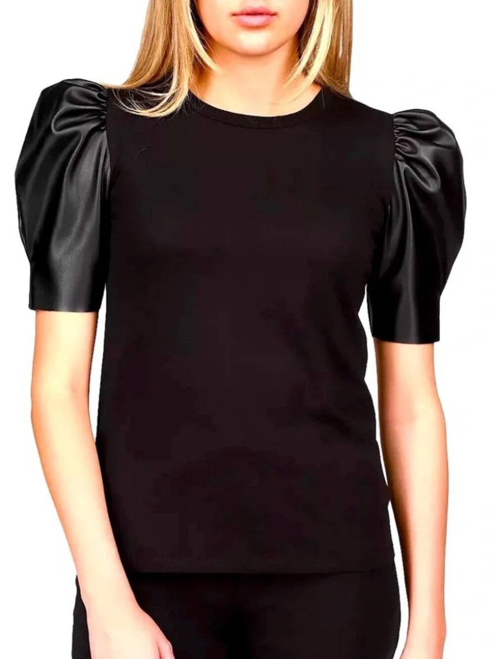 NWT MICHAEL KORS womens BLOUSE black FAUX LEATHER SLEEVE top SIZE M
